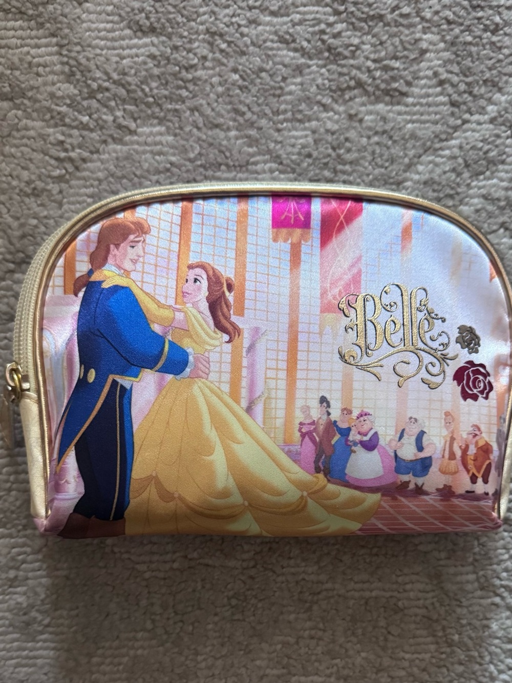 Disney Belle Satin Cosmetic Pouch in Gold, Blue and Pink